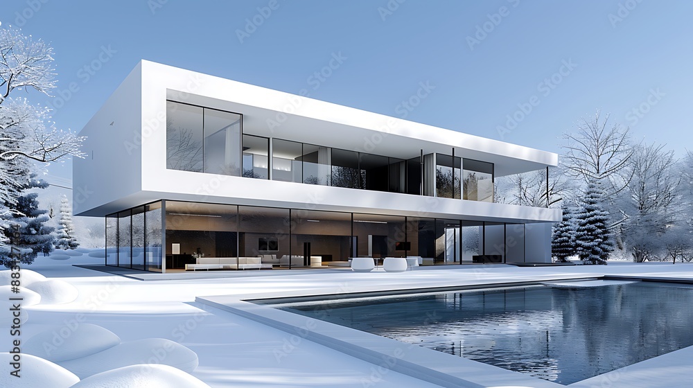 Poster a modern villa with pool in winter, snow-covered trees around the house, a clear blue sky the front 