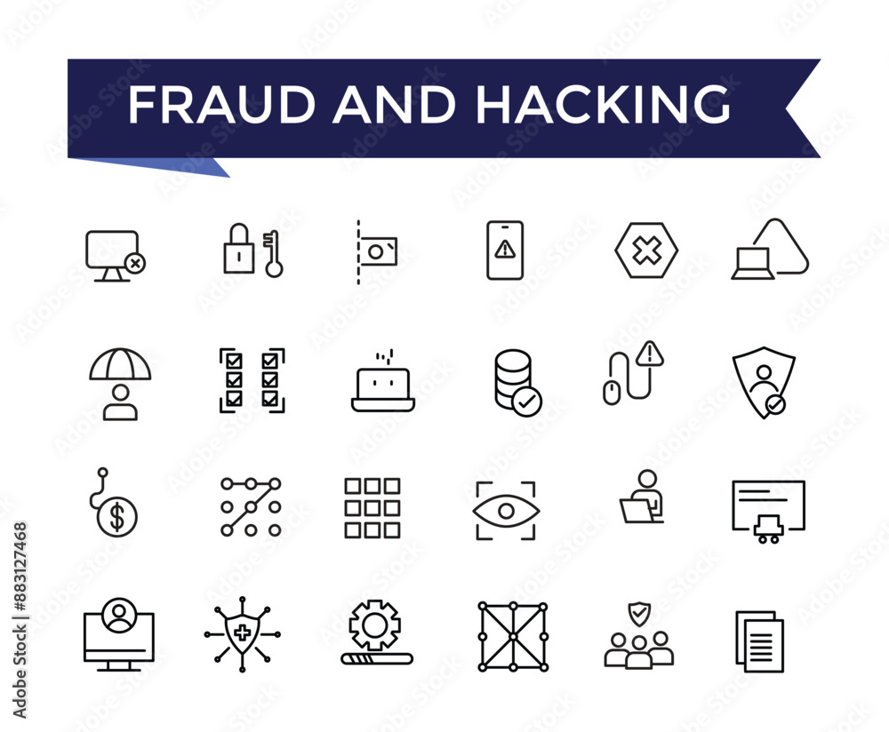Poster fraud and hacking line icons set with editable stroke collection for web and ui. line icons pack. ve