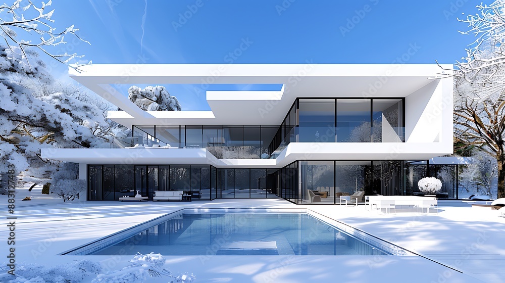Poster a modern villa with pool in winter, snow-covered trees around the house, a clear blue sky the front 