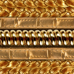 Seamless 4k photo texture photo of golden colored braided skin leather material with metal golden engraving.