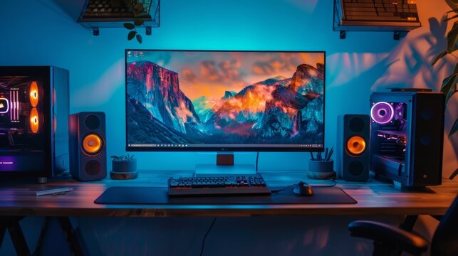 Gaming Setup with RGB Lighting and Mountain Landscape Wallpaper.