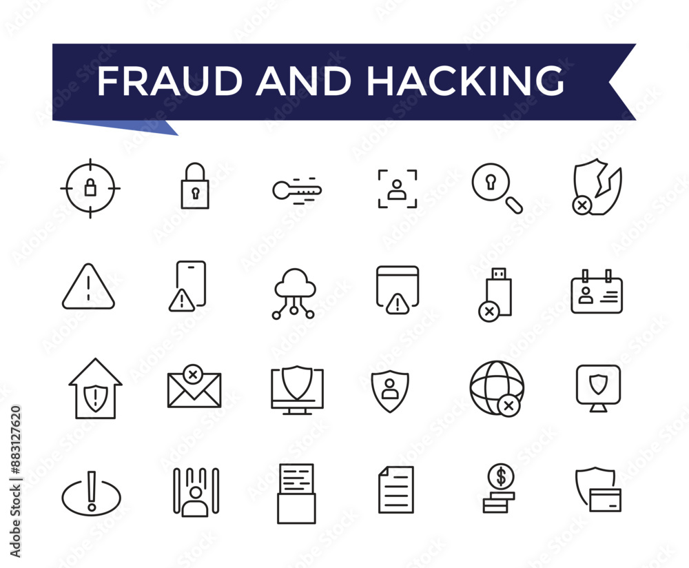 Poster fraud and hacking line icons set with editable stroke collection for web and ui. line icons pack. ve