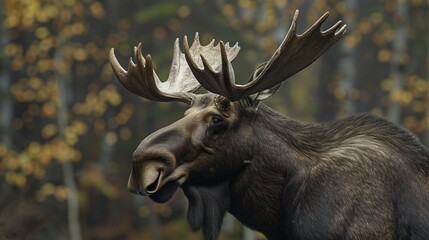 A moose with large antlers stands in an autumn forest setting, surrounded by the warm hues of falling leaves, capturing the essence of the changing season.