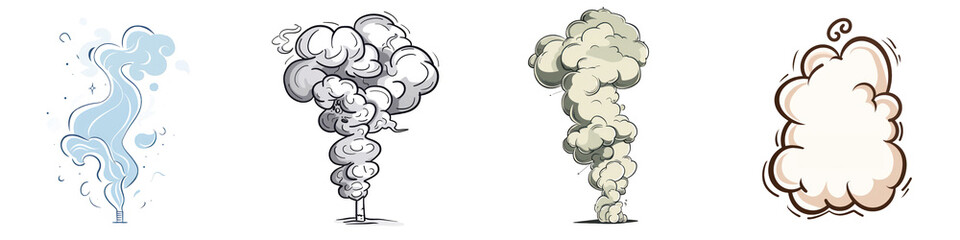 Cartoon-style smoke plumes in different shapes and colors on a transparent background, perfect for game designs and animations.
