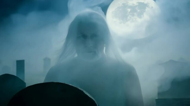 Mysterious ghostly figure in a misty cemetery under a full moon