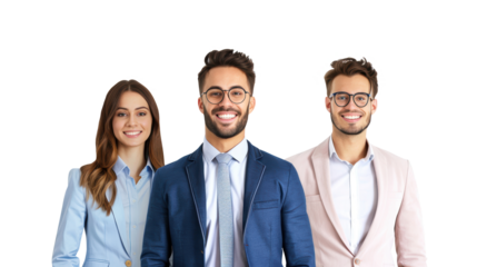 A group of three young professionals in formal attire standing in front of a bar graph, symbolizing teamwork and success.