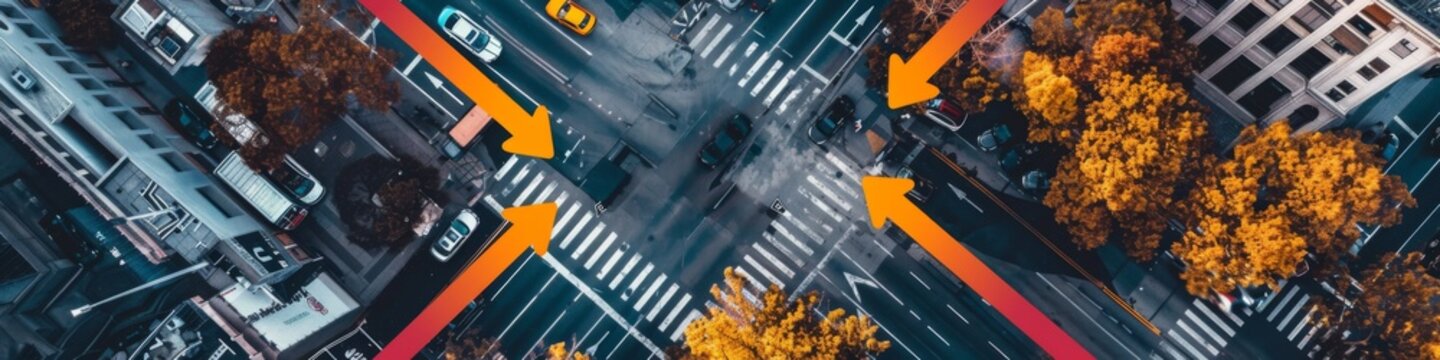 Urban Crossroads of Decisions: Conceptual Image of Arrows Overlaying a Bustling Cityscape, Symbolizing Choices in Urban Planning and Personal Decisions