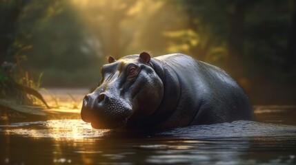 Fototapeta premium Hippopotamus Soaking in the Golden Sunset of the African Wilderness