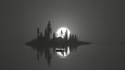 Naklejka premium A small island in the full moon and a mysterious woman in the sea