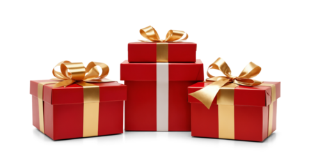 christmas gifts red golden, in row, isolated christmas presents