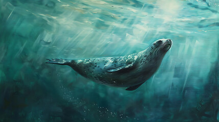 Obraz premium Sea lions oil painting, wallpaper, coastal life