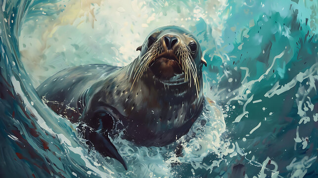 Sea lions oil painting, wallpaper,  coastal life