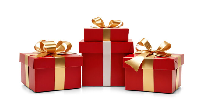 christmas gifts red golden, in row, isolated christmas presents