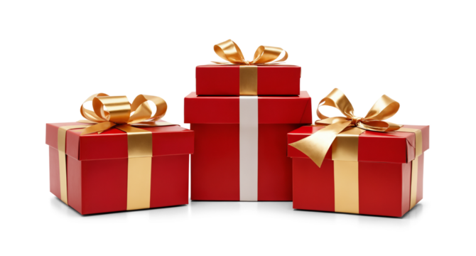christmas gifts red golden, in row, isolated christmas presents