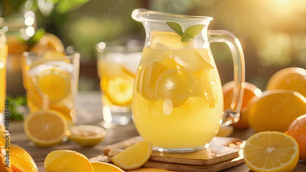 Poster a glass pitcher filled with freshly squeezed lemonade sits on a wooden table with slices of citrus f