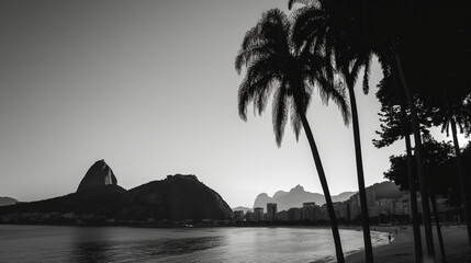 Black and white image of Sugarloaf Mountain in Rio de Janeiro, framed by palm trees, highlighting the tranquil blend of city and nature.
