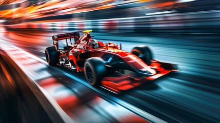 A red Formula 1 car is captured racing through the track at night, illuminated by bright lights. The image expresses speed, excitement, and the allure of nighttime racing.