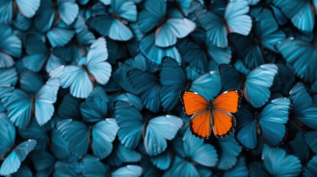 Striking image showcasing a unique orange butterfly standing out among a sea of blue butterflies, emphasizing themes of individuality and beauty in nature.