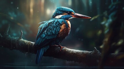 Naklejka premium Colorful kingfisher bird perched on a branch near water with blurred background