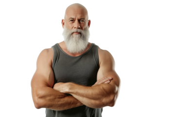 Mature Man with White Beard in Grey Tank Top on White Background