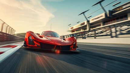 A striking red racing car is captured in a close-up shot as it speeds through the track, illustrating the sleek design and high-speed performance on a clear day at the race.