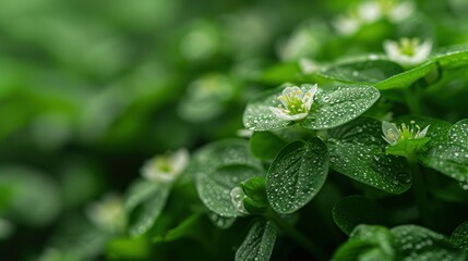 A close-up shot showcasing a green leafy plant adorned with small delicate flowers, with droplets of water adding freshness and allure to the scene.