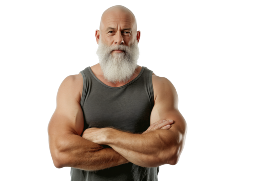 Mature Man with White Beard in Grey Tank Top on White Background