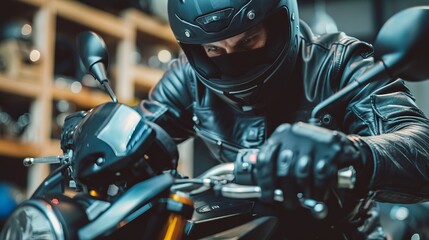Fototapeta premium A motorcyclist wearing a helmet firmly grips the handlebars of their motorcycle, prepared for a ride or maintenance check in a well-lit modern garage.