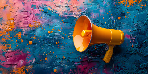A megaphone ejecting an explosive burst of colorful paint splashes against a white background, symbolizing vibrant communication or announcement,with copy space.Communication concept