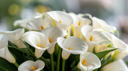 Obraz premium A bouquet of white calla lilies with a soft background, bringing out the delicate and graceful appearance of the flowers, emphasizing purity and elegance in a serene setting.