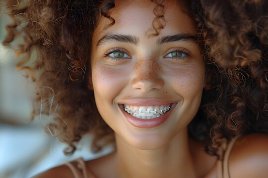 Beautiful smile of a girl with braces on her teeth, straight teeth using orthodontic technologies. Advertising dentistry, orthodontic services