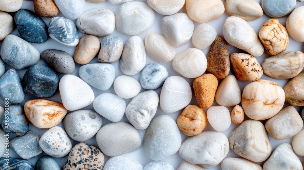 Poster this image features a collection of smooth stones in light and white tones, beautifully arrayed to c
