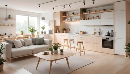 Mockup poster frames on the wall of the room. Modern Interior mockup. Apartment background. Modern Japandi interior design. 3D render