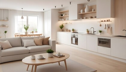 Mockup poster frames on the wall of the room. Modern Interior mockup. Apartment background. Modern Japandi interior design. 3D render