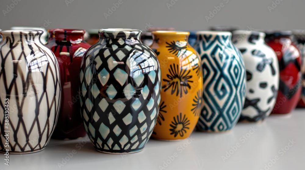 Poster a display of vibrant ceramic vases, each with distinctive patterns and colors, arranged neatly in a 