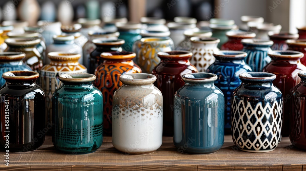 Aufkleber several small ceramic jars, each with unique patterns and colors, arranged in neat rows on a table. 