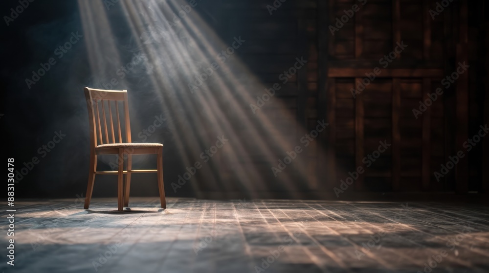 Poster a single wooden chair is dramatically highlighted by a spotlight in an otherwise dark and empty room