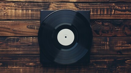 A single vinyl record lies on a beautifully crafted wooden backdrop, showcasing simplicity and vintage theme, highlighting the essence of classic analog music in a serene manner.