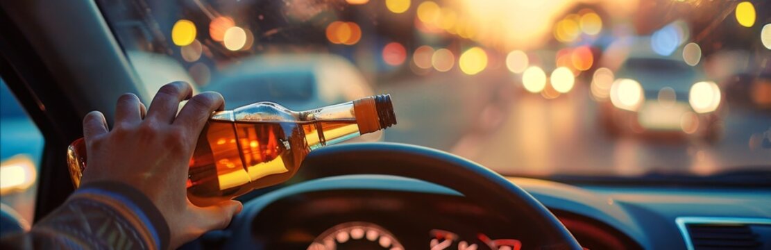Depiction of Drunk Driving Concept with an Impaired Driver Behind the Wheel Holding a Bottle of Alcohol, Highlighting the Perils and Consequences of Impaired and Drunk Driving.