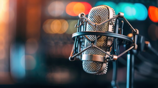 A high-quality professional condenser microphone positioned against a blurred, colorful bokeh background, representing sophistication in audio recording technology and ambient atmosphere.