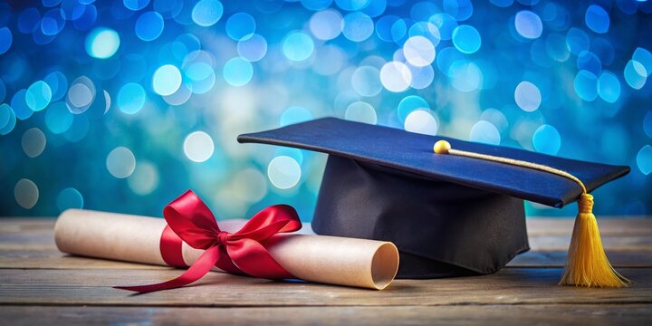 Stock photo of graduation cap and diploma on blue bokeh background, representing academic achievement and celebration