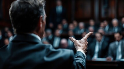 In this image, a man in a suit is addressing a formal assembly, pointing while speaking. The background is intentionally blurred, focusing on attendees in a formal environment.
