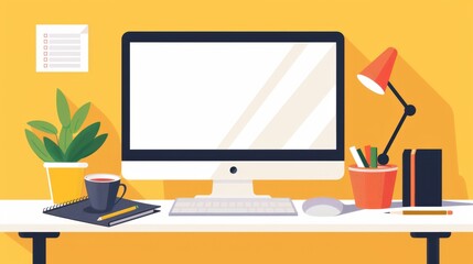 Modern Workspace with Computer, Plants, and Coffee.