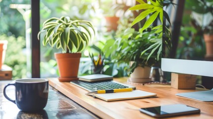 Modern Workspace with Plants and Coffee.
