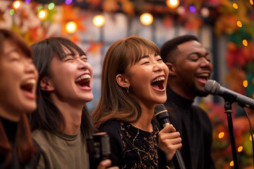 Fototapeta premium Group of friends singing together during a festive karaoke party, celebrating joy and friendship, Asian and black friends, Friendsgiving