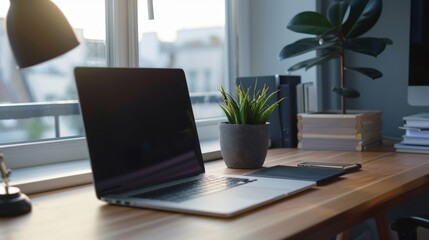 Laptop on Wooden Desk with Plant.