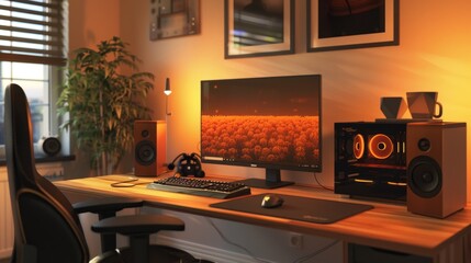 Modern Gaming Setup with Orange Lighting.