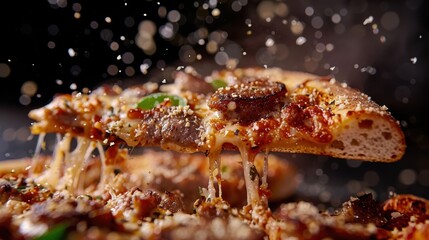 A mouth-watering slice of hot pizza with melting cheese and a variety of toppings, being lifted up in mid-air, sprinkled with grated cheese and herbs, against a dark background.