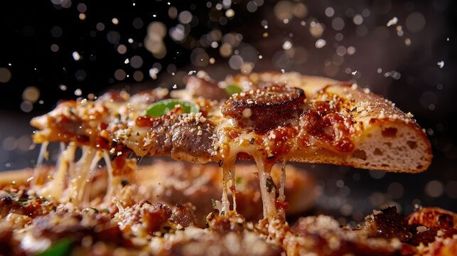 A mouth-watering slice of hot pizza with melting cheese and a variety of toppings, being lifted up in mid-air, sprinkled with grated cheese and herbs, against a dark background.