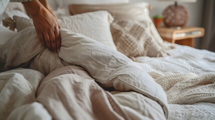 Making a Bed: Hands tucking in sheets and arranging pillows, with a neatly made bed in a cozy bedroom.
